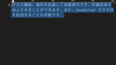 マクロ機能: 操作を記録して自動実行でき、作業効率を向上させることができます。また、JavaScript でマクロを記述することも可能です。